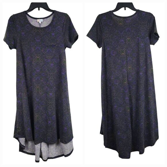 LuLaRoe Carly Dress XS (2/4) Green Diamonds Soft Knit Swing Midi Pocket Hi-Low - Picture 2 of 9